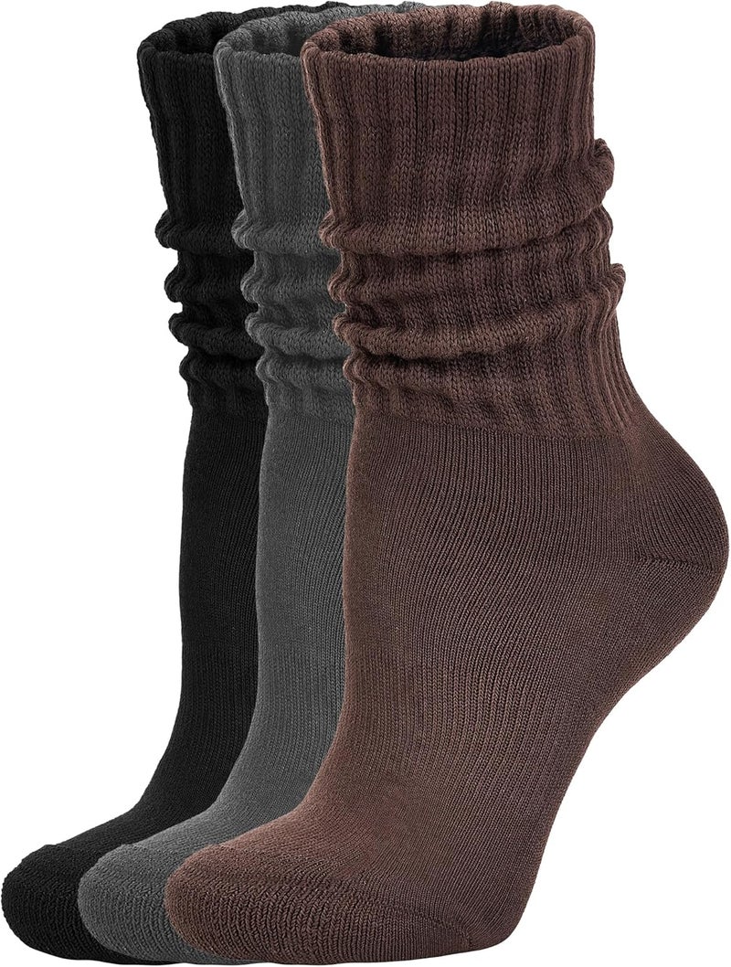 AugRing Store Women's Scrunch Crew Socks Retro 3-Pack Solid Cotton Boot Calf Chunky Ribbed Cozy Slouchy Socks Size 5-11 - Image 1